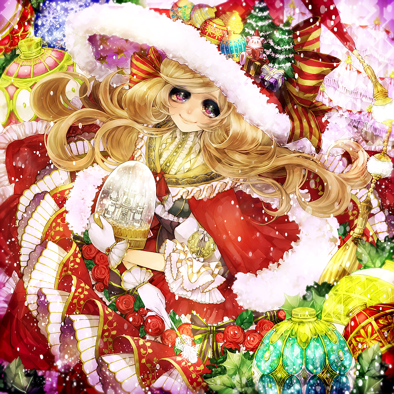 blonde_hair bow capelet chino_machiko christmas_ornaments closed_mouth dress flower fur_trim gloves hat hat_bow holding long_hair looking_at_viewer original red_capelet red_dress red_eyes red_flower red_hat red_rose rose smile solo white_gloves