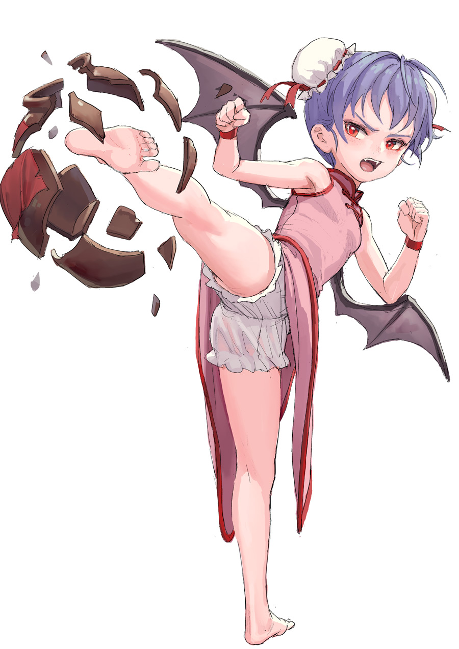 alternate_costume armpits bare_arms bare_legs bare_shoulders barefoot bat_wings bloomers blue_hair bun_cover china_dress chinese_clothes chinese_commentary clenched_hands commentary_request double_bun dress fangs feet fkey full_body hands_up highres jar kicking leg_up open_mouth pink_dress red_eyes remilia_scarlet side_slit simple_background solo standing standing_on_one_leg touhou underwear v-shaped_eyebrows white_background white_bloomers wings wristband
