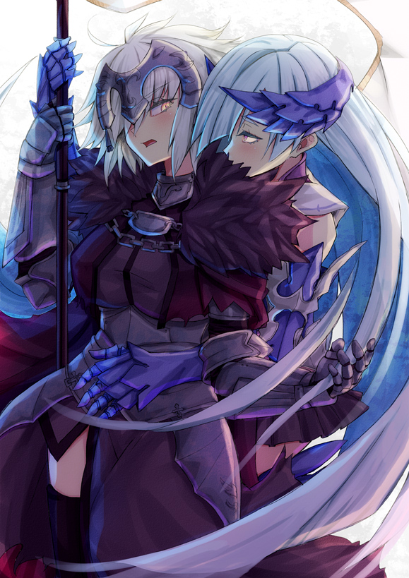 blue_hair blush brynhildr_(fate) chain commentary_request fate/grand_order fate_(series) flag flagpole fur_trim gauntlets hair_over_one_eye headpiece holding holding_flag hug hug_from_behind jeanne_d'arc_(alter)_(fate) jeanne_d'arc_(fate)_(all) long_hair looking_at_another multiple_girls open_mouth thighhighs very_long_hair white_hair yellow_eyes yude yuri