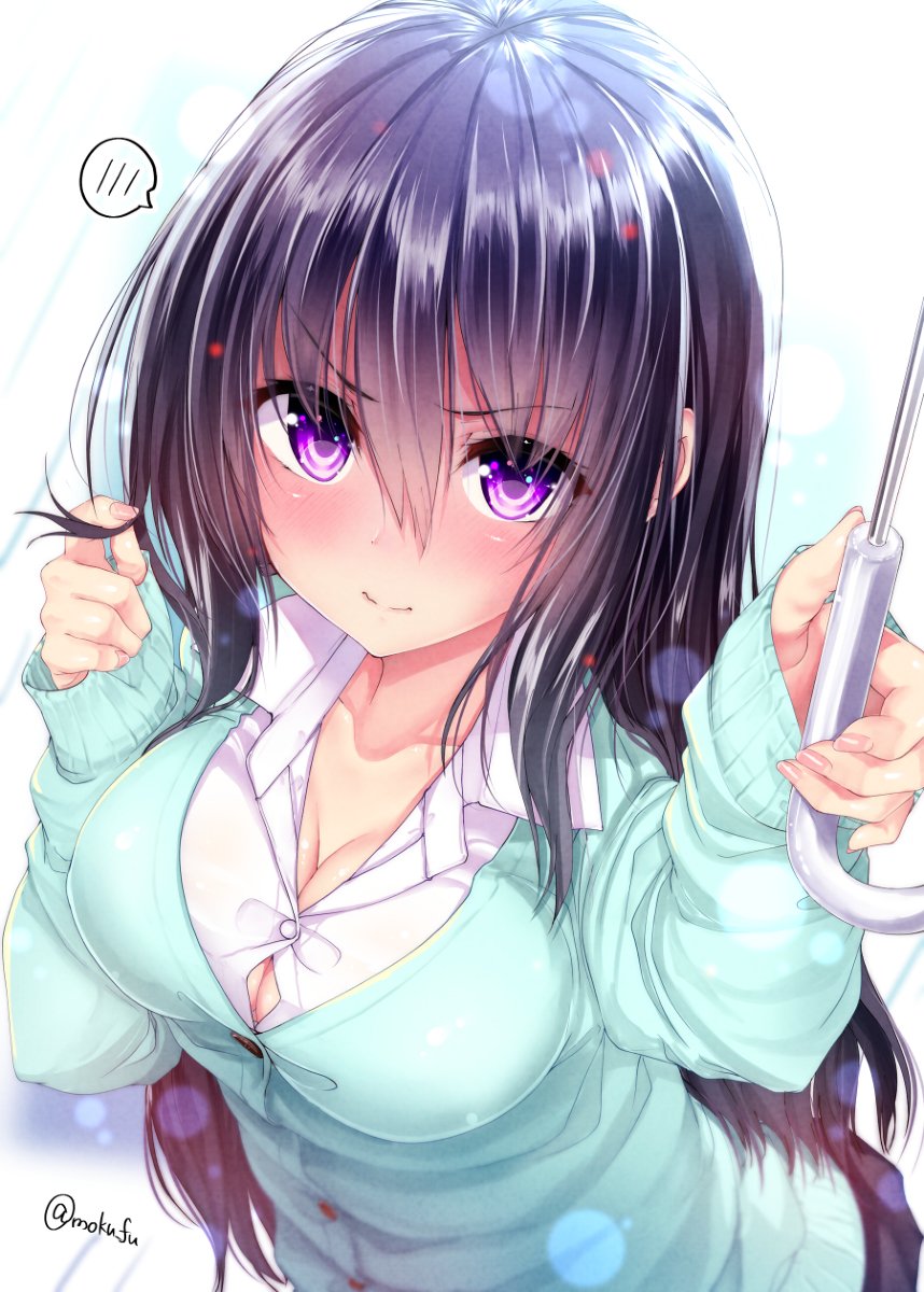 &gt;:( black_hair blue_background blush breasts bursting_breasts button_gap cardigan cleavage collared_shirt from_above gradient gradient_background green_cardigan highres holding holding_umbrella lens_flare long_hair long_sleeves looking_at_viewer mokufuu original purple_eyes shirt skirt solo speech_bubble spoken_blush twitter_username umbrella white_background white_shirt