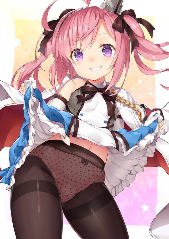 ahoge azur_lane bare_shoulders black_bow blush bow bow_panties breasts brown_legwear dress dress_lift gloves grin hair_bow head_tilt jacket jacket_on_shoulders lifted_by_self long_hair looking_at_viewer navel panties panties_under_pantyhose pantyhose partly_fingerless_gloves pink_hair pink_panties polka_dot polka_dot_panties purple_eyes saratoga_(azur_lane) sleeveless sleeveless_dress small_breasts smile solo thighband_pantyhose torimaru twintails underwear white_dress white_gloves white_jacket