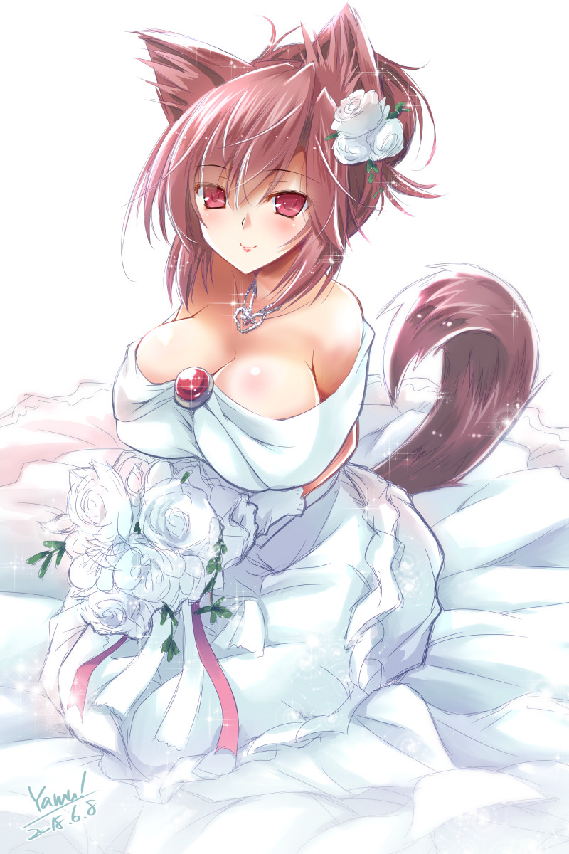 alternate_costume alternate_hairstyle animal_ears bare_shoulders blush bouquet breasts bride brooch brown_hair cleavage commentary_request dated dress flower hair_flower hair_ornament hair_up highres imaizumi_kagerou jewelry large_breasts necklace off_shoulder red_eyes rose signature sitting smile solo sparkle tail touhou wedding_dress white_dress white_flower white_rose wolf_ears wolf_tail yamu_(reverse_noise)