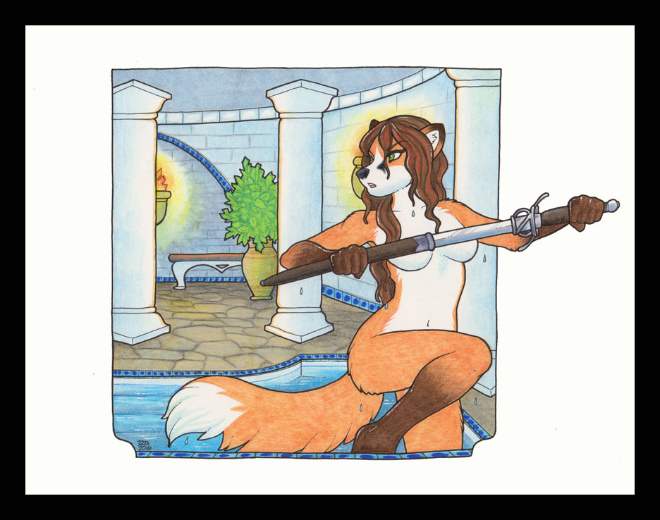 anthro bathing canine convenient_censorship female fox green_eyes hair luthien_nightwolf mammal melee_weapon sword weapon