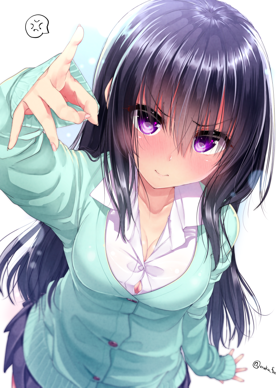 &gt;:( anger_vein black_hair blue_background blue_skirt blush breasts button_gap cardigan cleavage collared_shirt commentary_request from_above gradient gradient_background green_cardigan hand_gesture highres lens_flare long_hair long_sleeves looking_at_viewer looking_up mokufuu original pleated_skirt purple_eyes shirt skirt solo speech_bubble spoken_anger_vein twitter_username white_background white_shirt