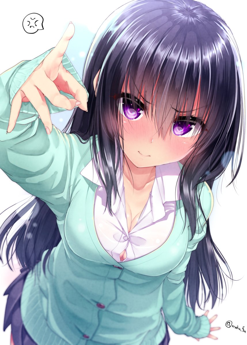 &gt;:( anger_vein black_hair blue_background blue_skirt blush breasts button_gap cardigan cleavage collared_shirt from_above gradient gradient_background green_cardigan hand_gesture highres lens_flare long_hair long_sleeves looking_at_viewer looking_up mokufuu original pleated_skirt purple_eyes shirt skirt solo speech_bubble spoken_anger_vein twitter_username white_background white_shirt