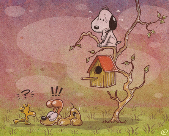 ! 2016 ? avian beagle bird birdhouse canine crossover digital_drawing_(artwork) digital_media_(artwork) dog ekuhvielle feathers feral field garfield_(series) group looking_at_another mammal odie outside peanuts signature simple_background snoopy standing sweat textured_background tree white_body woodstock worried yellow_feathers