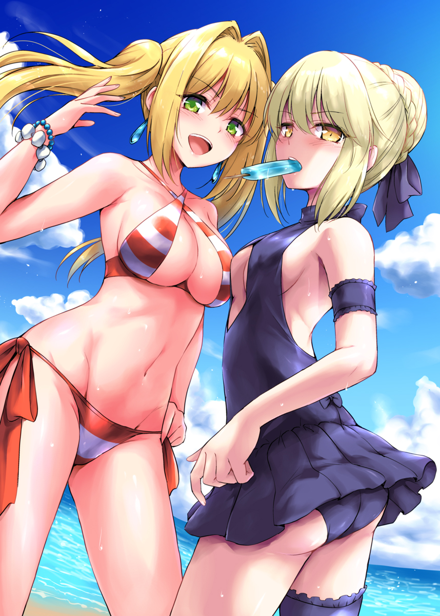 artoria_pendragon_(all) artoria_pendragon_(swimsuit_rider_alter) ass beach bikini blonde_hair bracelet braid breasts commentary_request criss-cross_halter day earrings fate/grand_order fate_(series) food french_braid green_eyes hair_intakes halterneck highres jewelry marugoshi_(54burger) multiple_girls nero_claudius_(fate)_(all) nero_claudius_(swimsuit_caster)_(fate) ocean popsicle saber_alter side-tie_bikini striped striped_bikini striped_swimsuit swimsuit twintails yellow_eyes