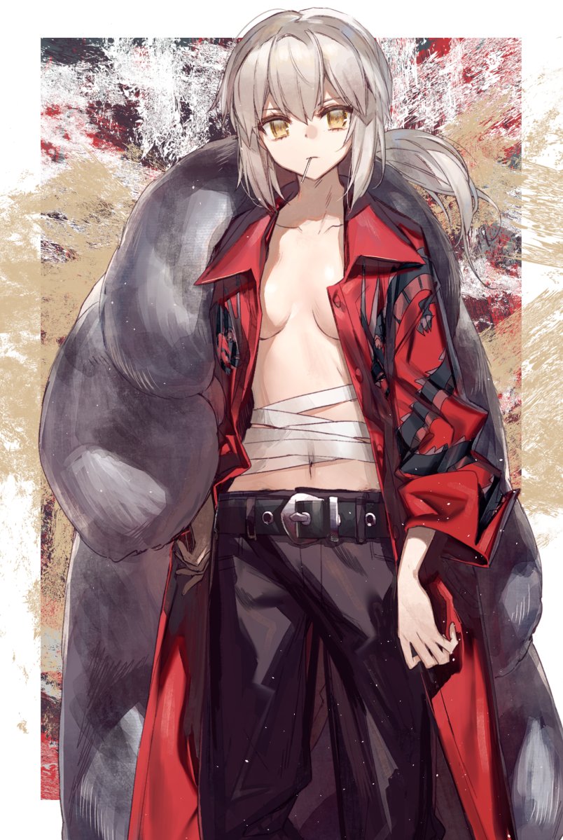 abstract_background artoria_pendragon_(all) bad_id bad_twitter_id bandages belt black_pants breasts chocoan cigarette cleavage collarbone commentary_request cosplay cowboy_shot dragon_print fate/grand_order fate/stay_night fate_(series) fur_jacket hand_on_hip li_shuwen_(fate) li_shuwen_(fate/grand_order) li_shuwen_(fate/grand_order)_(cosplay) looking_at_viewer midriff navel open_clothes open_shirt pants ponytail red_shirt saber_alter shirt small_breasts solo white_hair yellow_eyes