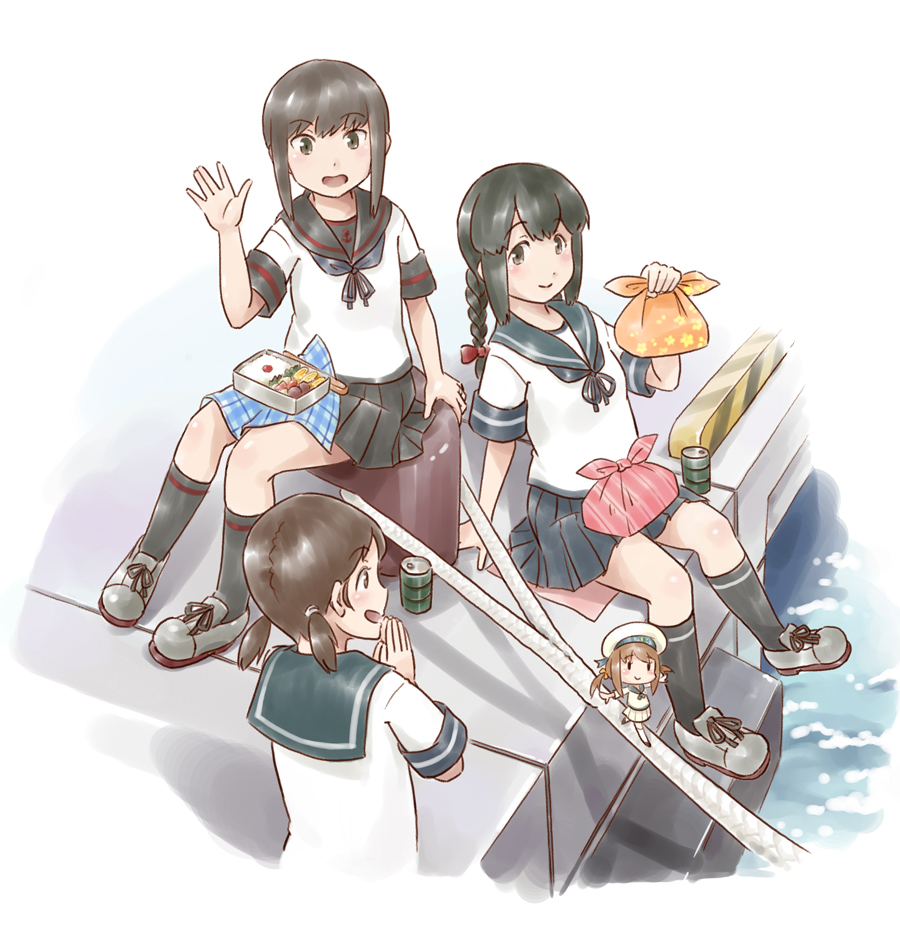 anchor_symbol bangs black_eyes black_hair black_legwear black_sailor_collar black_skirt blue_sailor_collar blue_skirt braid brown_eyes brown_hair commentary_request drum_(container) error_musume eyebrows_visible_through_hair fairy fairy_(kantai_collection) fubuki_(kantai_collection) full_body furoshiki isonami_(kantai_collection) kantai_collection karasu_(naoshow357) kneehighs low_ponytail low_twintails multiple_girls neckerchief obentou parted_bangs pleated_skirt ponytail remodel_(kantai_collection) sailor_collar school_uniform serafuku shirayuki_(kantai_collection) short_hair short_ponytail short_twintails sidelocks sitting skirt twin_braids twintails wrapped_obentou