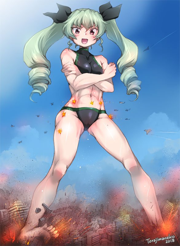 abs army breasts_press cameltoe city crossed_arms destruction drill_hair excited explosion fighter_jet fire giantess green_hair muscle navel ribbon sky smoke sportswear sweat teasing tight_clothing torajimaneko twintails