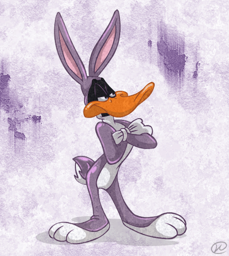 2014 anthro avian beak bird bugs_bunny cosplay crossed_arms daffy_duck digital_drawing_(artwork) digital_media_(artwork) duck ekuhvielle furry_character_wearing_fursuit fursuit half-closed_eyes looney_tunes rabbit_fursuit signature simple_background solo textured_background unamused warner_brothers white_gloves yellow_beak