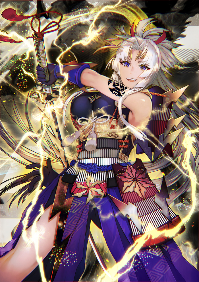 :d armor bangs bare_shoulders breasts commentary_request copyright_request faulds floating_hair holding holding_sword holding_weapon japanese_armor katana large_breasts legs_apart lightning long_hair looking_at_viewer open_mouth parted_bangs pelvic_curtain purple_eyes shutsuri smile solo sparks sword tassel tattoo very_long_hair waist_cape weapon white_hair