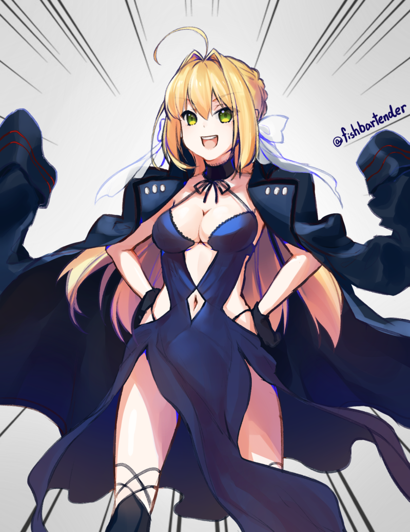 :d ahoge artoria_pendragon_(all) bangs black_gloves blonde_hair blue_coat bow breasts choker cleavage coat commentary_request cosplay dress emphasis_lines eyebrows_visible_through_hair eyes_visible_through_hair fate/grand_order fate_(series) gloves green_eyes grey_background hair_between_eyes hair_bow hair_intakes hair_ribbon halterneck hands_on_hips hip_vent jacket_on_shoulders legs_apart long_hair medium_breasts navel navel_cutout nero_claudius_(fate) nero_claudius_(fate)_(all) open_clothes open_coat open_mouth purple_dress qiang_jiyu ribbon saber_alter saber_alter_(cosplay) smile solo standing teeth twitter_username white_background white_ribbon