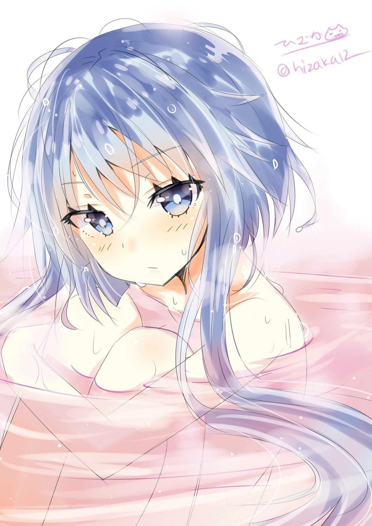 bath bathing blue_eyes blue_hair blush closed_mouth commentary_request eyebrows_visible_through_hair hair_between_eyes highres hizaka kantai_collection leg_hug looking_at_viewer nude partially_submerged short_hair_with_long_locks sitting solo twitter_username water wet wet_hair yayoi_(kantai_collection)
