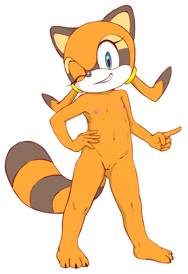 2018 anthro areola blue_eyes breasts claws cub erect_nipples female flat_chested grin hand_on_hip jetfrozen looking_at_viewer mammal marine_the_raccoon navel nipples nude one_eye_closed pointing pose procyonid pussy raccoon simple_background smile solo sonic_(series) standing young