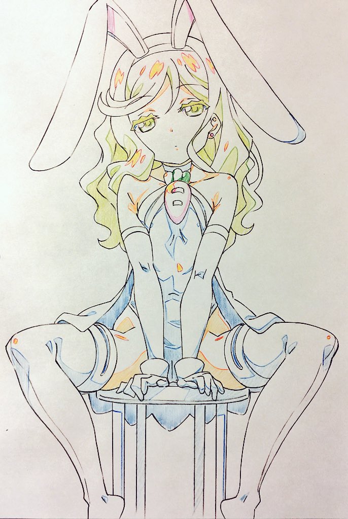 animal_ears armpits boots bunny_ears cape carrot chair commentary_request covered_navel elbow_gloves food_themed_ornament gloves hairband leotard looking_at_viewer makenai-chan original sharekoube sitting sleeveless thigh_boots thighhighs traditional_media wavy_hair