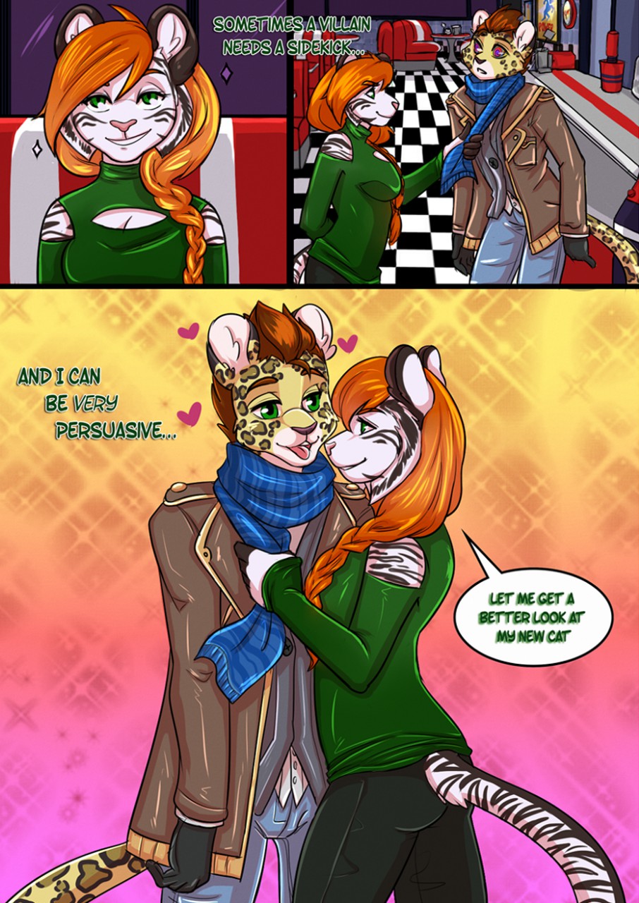 anthro ash_(ashkelling) breasts brown_fur brown_hair cleavage clothed clothing comic domination duo feline female female_domination fur green_eyes hair hero hypnosis keilani leopard male male/female mammal mind_control red_hair scarlet-frost smile spots stripes tiger white_fur