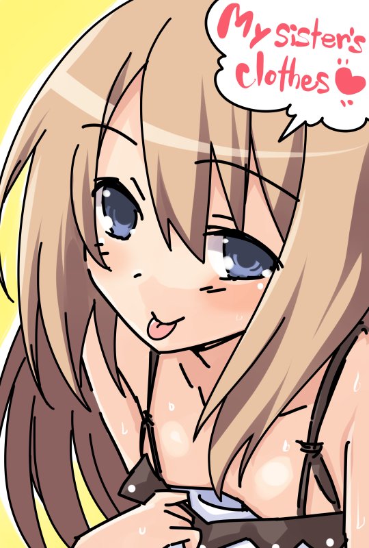 :p bare_shoulders blanc blanc_(cosplay) blue_eyes blush breasts brown_hair commentary_request cosplay dress english hair_between_eyes iwasi-r long_hair looking_at_viewer neptune_(series) ram_(choujigen_game_neptune) small_breasts solo spaghetti_strap tongue tongue_out white_dress