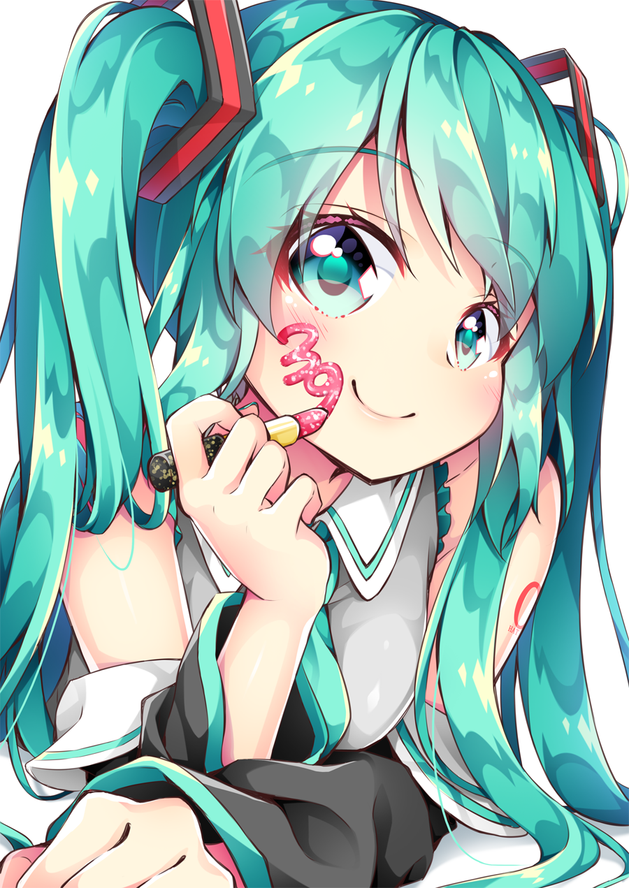 39 aqua_eyes aqua_hair commentary_request detached_sleeves eyebrows_visible_through_hair hatsune_miku highres inumine_aya leaning_forward lipstick_tube long_hair looking_at_viewer nail_polish necktie simple_background smile solo twintails upper_body vocaloid white_background