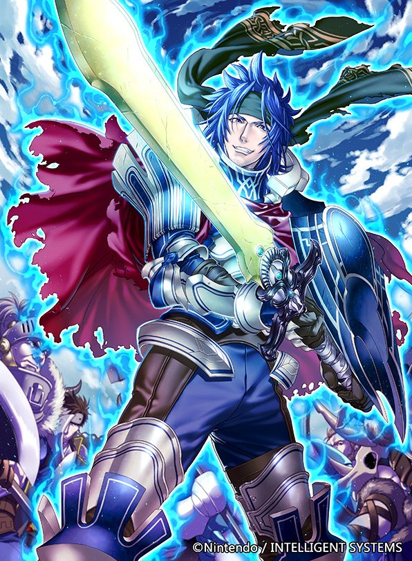 armor aura beard blue_eyes blue_hair brown_hair cape cloud company_name faceless faceless_male facial_hair fire_emblem fire_emblem:_kakusei fire_emblem_cipher gloves headband helmet male_focus official_art priam shield sky solo_focus sword teeth torn_clothes weapon yoneko_okome