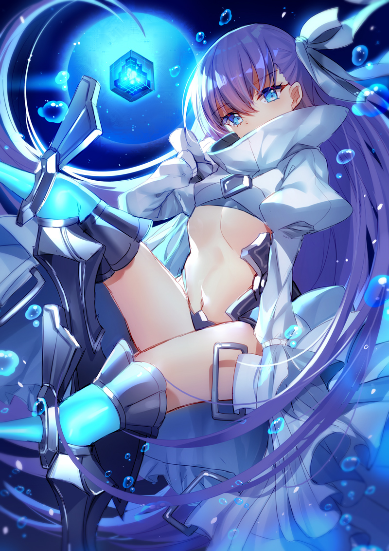 bison_cangshu blue_eyes boots bow breasts covered_mouth fate/extra fate/extra_ccc fate/grand_order fate_(series) greaves hair_bow juliet_sleeves long_hair long_sleeves looking_at_viewer meltlilith midriff navel puffy_sleeves purple_hair revealing_clothes small_breasts solo spikes thigh_boots thighhighs thighs white_bow