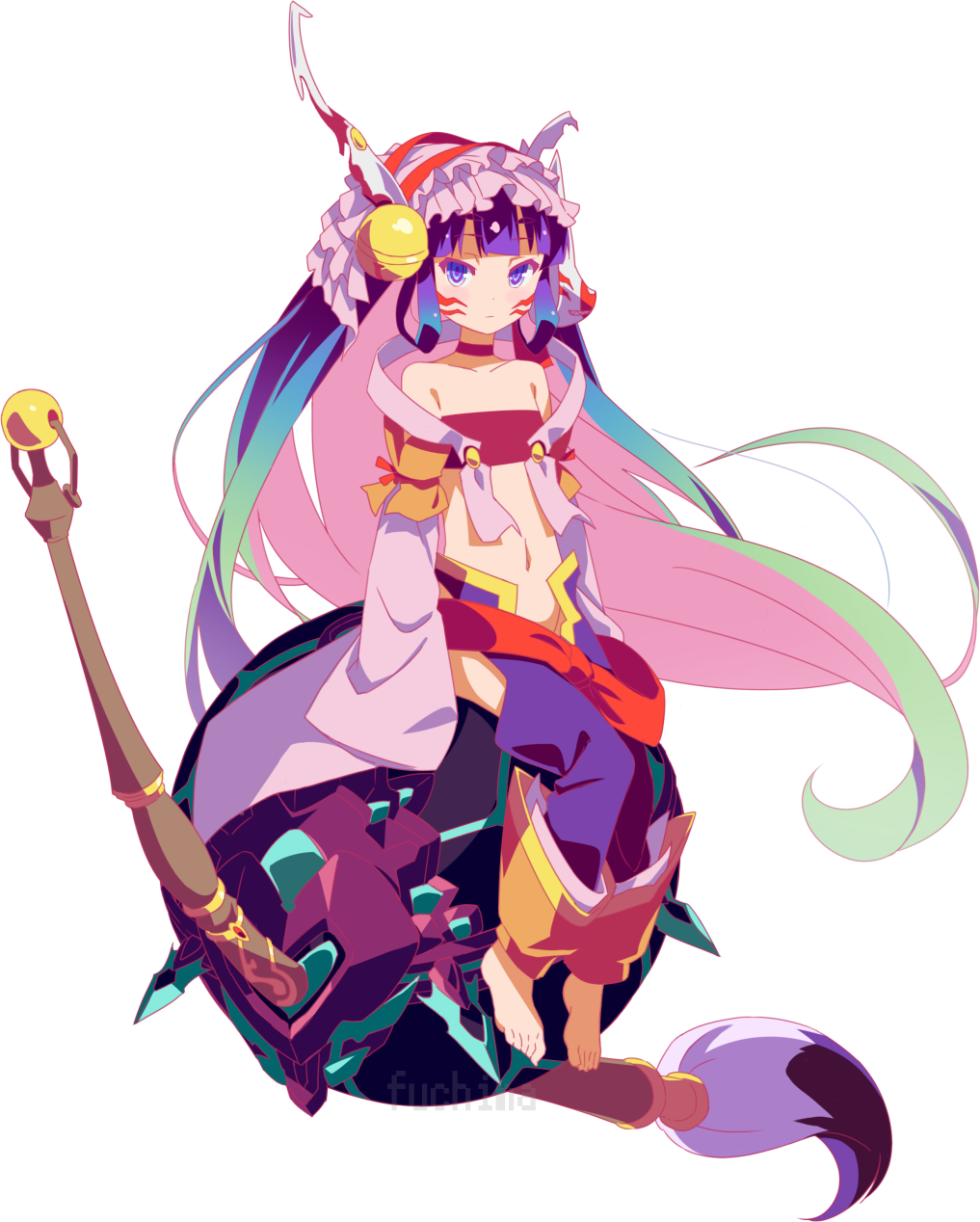 bare_shoulders barefoot bell blush closed_mouth collarbone flat_chest fuchima full_body hair_bell hair_ornament highres hip_bones horou_(no_game_no_life) long_hair looking_at_viewer loose_clothes multicolored_hair navel no_game_no_life open_eyes purple_eyes sitting solo transparent_background