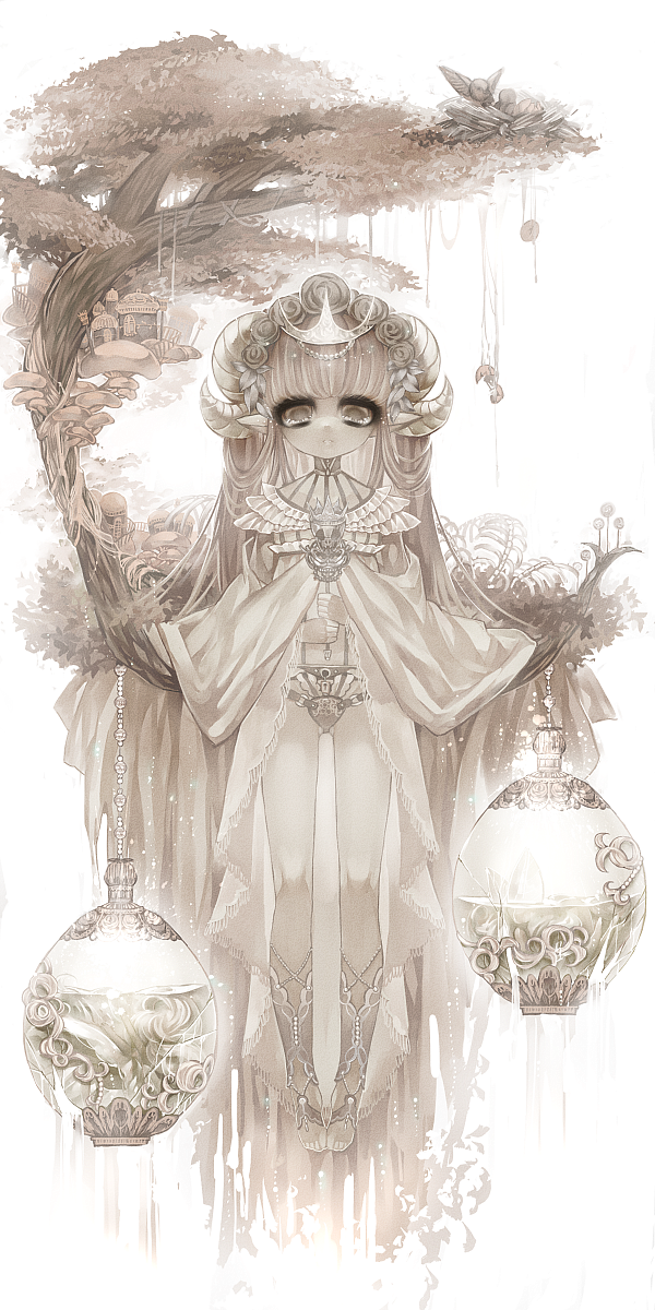 ass_visible_through_thighs chino_machiko closed_mouth curled_horns highres legs_together long_hair long_sleeves looking_at_viewer monochrome original pointy_ears robe sepia simple_background solo standing tiara tree white_background