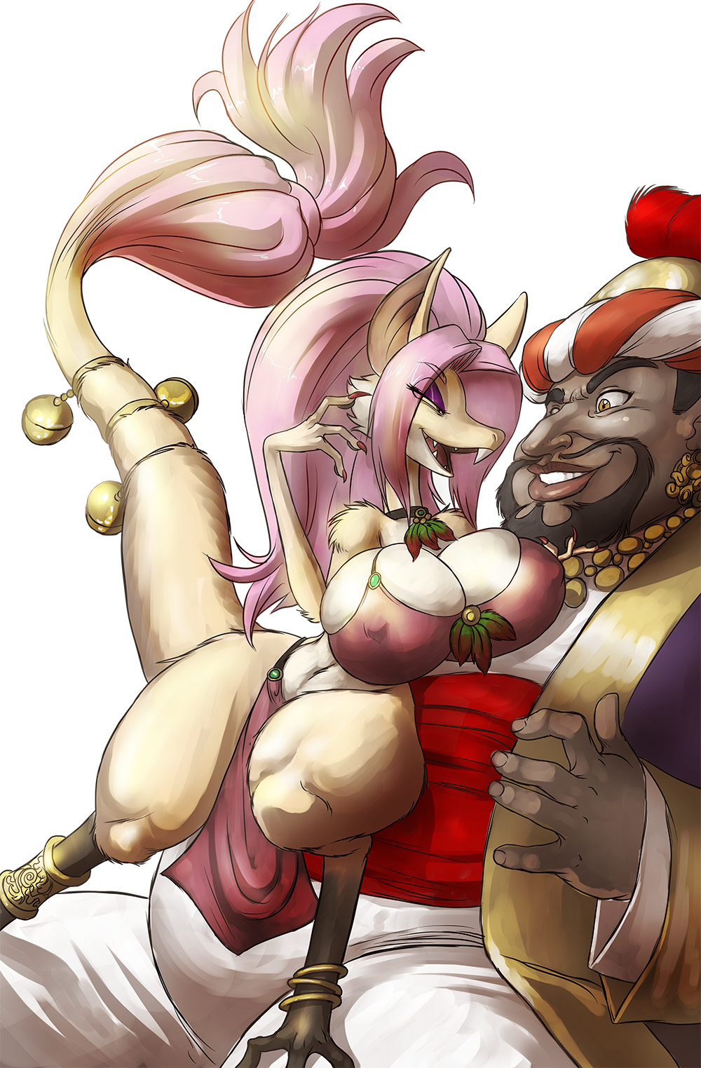 anklet bell big_breasts black_fur black_hair breast_squish breasts buckteeth chochi choker cleavage clothed clothing duo female fur hair huge_breasts human jewelry kalakeeh_(character) male mammal nipple_bulge open_mouth out-of-placers pink_hair seductive skimpy smile teeth thick_thighs wide_hips yellow_fur yinglet