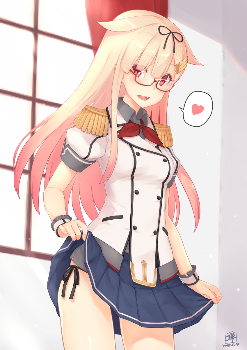 :d alternate_costume artist_name bangs bespectacled black_panties black_ribbon blonde_hair blue_skirt blush buttons cosplay curtains dan_(kumadan) dated double-breasted epaulettes eyebrows_visible_through_hair glasses gradient_hair grey_shirt hair_between_eyes hair_flaps hair_ornament hair_ribbon hairclip heart highres indoors jacket kantai_collection kashima_(kantai_collection) kashima_(kantai_collection)_(cosplay) kerchief lifted_by_self long_hair looking_at_viewer multicolored_hair open_mouth panties pleated_skirt puffy_short_sleeves puffy_sleeves red-framed_eyewear red_eyes red_neckwear remodel_(kantai_collection) ribbon semi-rimless_eyewear shirt short_sleeves side-tie_panties signature skirt skirt_lift smile solo spoken_heart under-rim_eyewear underwear white_jacket window wing_collar wrist_cuffs yuudachi_(kantai_collection)