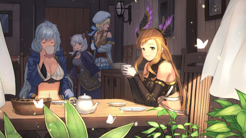 ahoge bangs bare_shoulders beret blonde_hair blue_eyes blush braid breasts brown_eyes brown_hair camieux chair cleavage closed_mouth collarbone commentary_request crop_top cucouroux_(granblue_fantasy) curtains detached_sleeves draph drinking elbows_on_table eyebrows_visible_through_hair gloves granblue_fantasy hair_between_eyes hair_ornament hair_ribbon hairband hat head_wings height_difference indoors lamp large_breasts long_hair long_sleeves looking_at_viewer looking_to_the_side medium_breasts midriff miniskirt multiple_girls navel open_mouth ribbon short_twintails silva_(granblue_fantasy) silver_hair sitting skirt smile song_(granblue_fantasy) table teapot thighhighs twin_braids twintails very_long_hair wasabi60 wavy_hair window wooden_floor wooden_wall