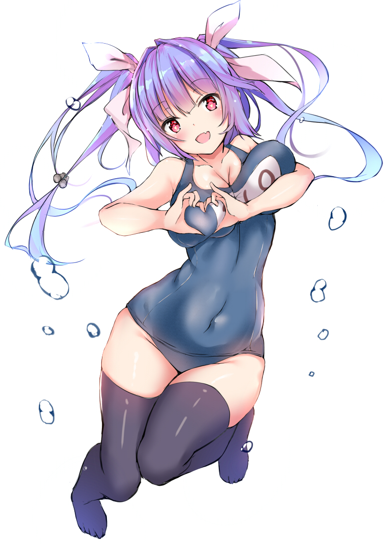 :d bad_anatomy black_legwear blue_hair breasts cleavage collarbone eyebrows_visible_through_hair fang heart heart-shaped_boob_challenge heart_hands i-19_(kantai_collection) kantai_collection large_breasts long_hair name_tag old_school_swimsuit one-piece_swimsuit open_mouth red_eyes school_swimsuit school_uniform simple_background smile solo swimsuit thighhighs thighs tri_tails white_background yukishiro_arute