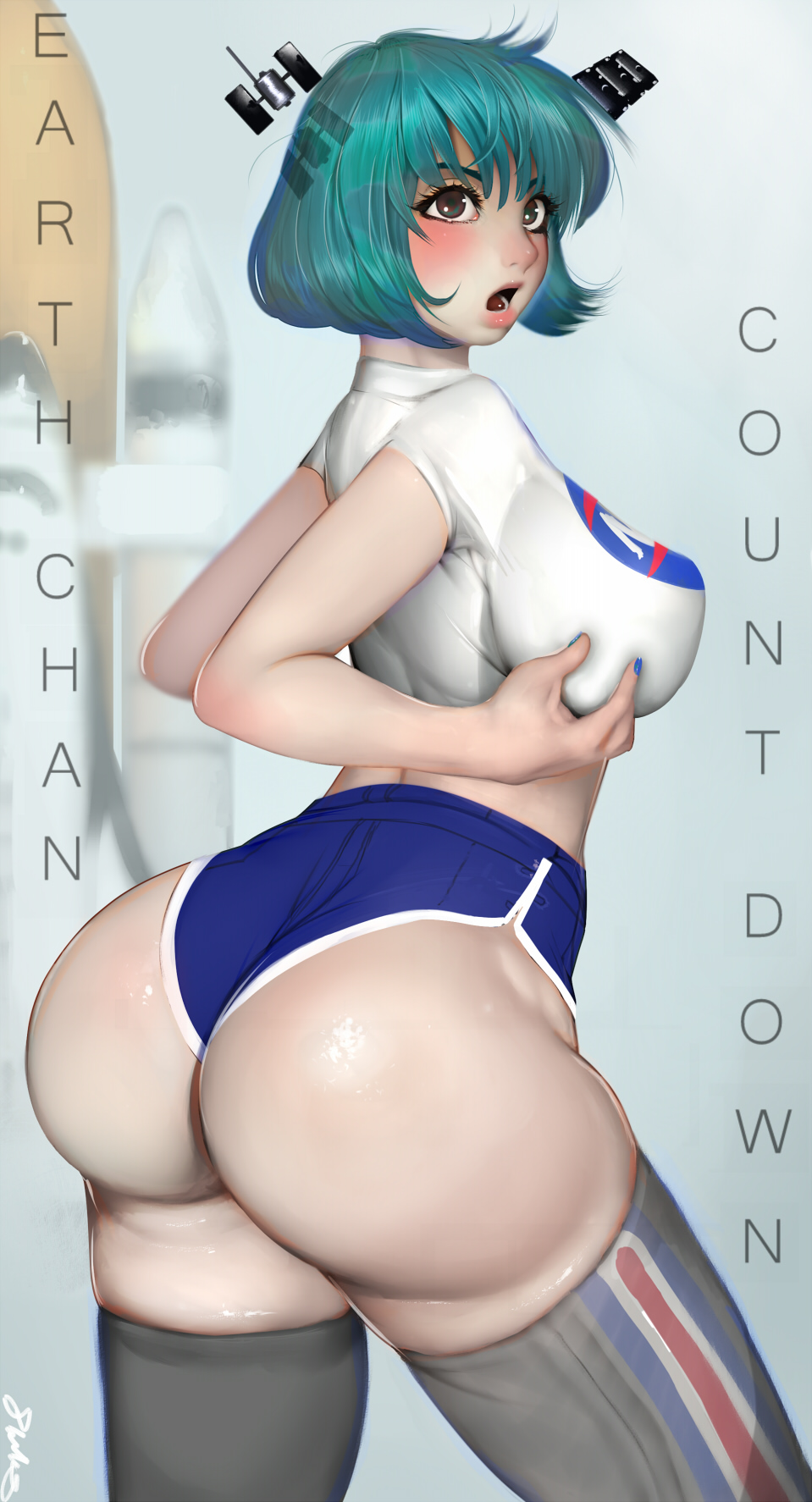 ass bangs between_buttocks blue_shorts blush breast_hold breasts brown_eyes character_name covered_nipples crop_top curvy earth-chan green_hair hand_on_own_breast highres huge_ass multicolored_hair nail_polish nasa nasa_logo open_mouth original perky_breasts randy_(awesomevillage) rocket satellite shirt short_hair short_shorts shorts sideboob solo space_craft space_shuttle thick_thighs thighhighs thighs tight_shirt two-tone_hair white_shirt