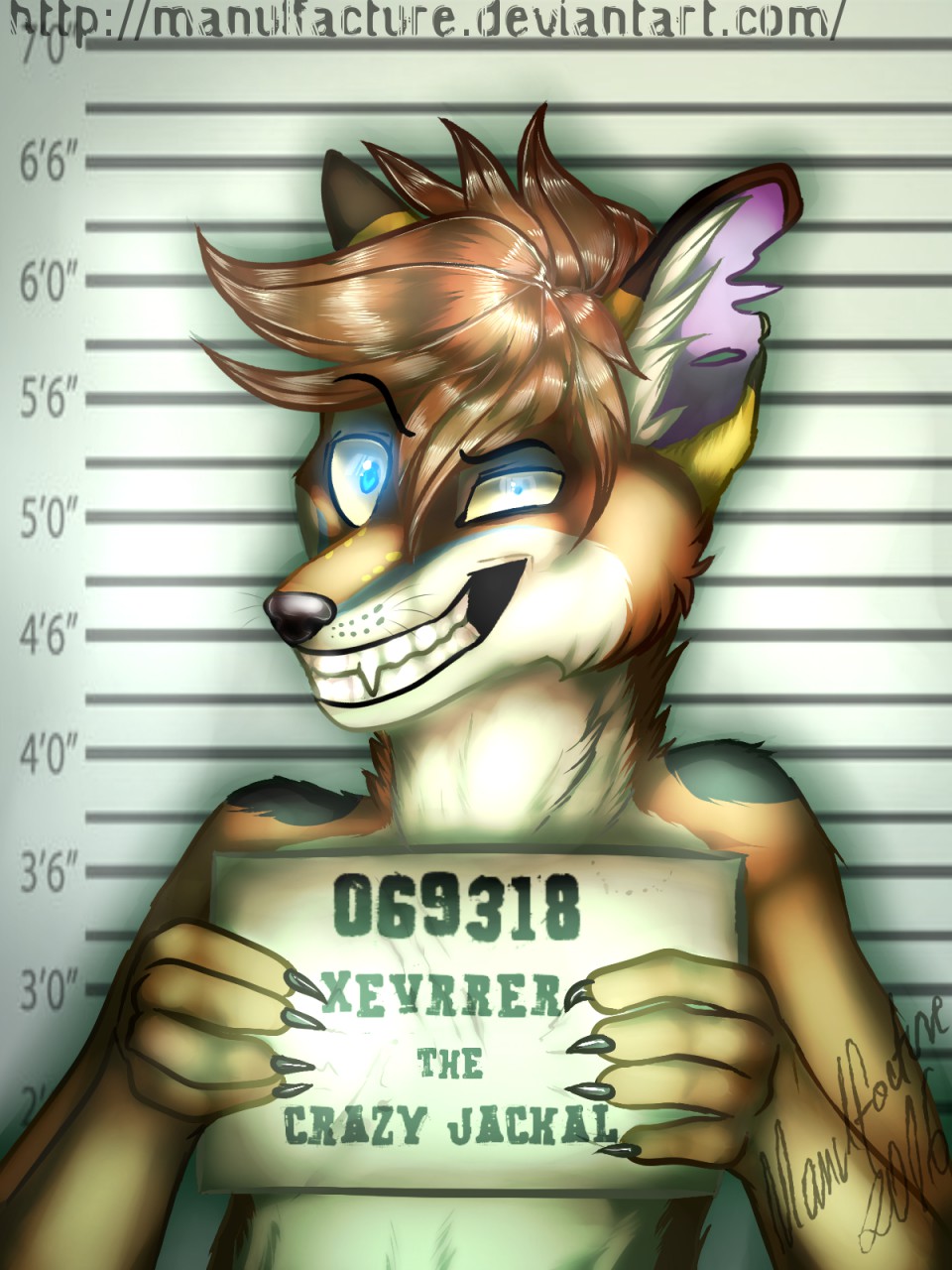 2017 anthro brown_hair canine claws fur glowing glowing_eyes hair hi_res jackal mammal manulfacture prison smile teeth xevrrer(character)