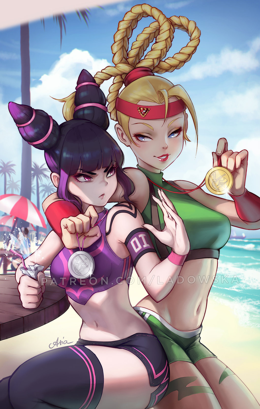 2girls arm_around_shoulder beach bike_shorts blonde_hair blue_eyes cammy_white clenched_hand commentary cup drinking_straw gold han_juri headband highres jealous joanna_ladowska medal multiple_girls navel ocean purple_eyes purple_hair silver sitting smile stomach street_fighter street_fighter_ii_(series) street_fighter_iv_(series) thighhighs water wristband