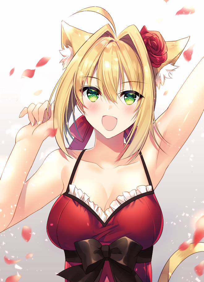 :d ahoge animal_ears arm_above_head armpits arms_up bangs bare_arms bare_shoulders black_ribbon blonde_hair breasts cat_ears cat_tail cleavage collarbone dress eyebrows_visible_through_hair fate/grand_order fate_(series) fingernails flower gradient gradient_background green_eyes hair_between_eyes hair_flower hair_intakes hair_ornament hair_ribbon kurumi_moka light_particles looking_at_viewer medium_breasts modern_costume_of_crimson nero_claudius_(fate) nero_claudius_(fate)_(all) open_mouth petals red_dress red_flower red_rose ribbon rose rose_petals short_hair simple_background smile solo spaghetti_strap tail upper_body