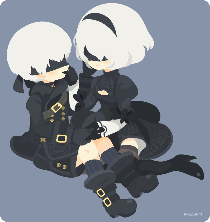 1girl :d belt black_blindfold black_dress black_gloves black_hairband blindfold boots breasts cleavage_cutout closed_mouth dress gloves grey_legwear hairband high_heel_boots high_heels holding_hands juliet_sleeves long_sleeves medium_breasts mole mole_under_mouth nier_(series) nier_automata open_mouth puffy_sleeves rizu_(rizunm) short_hair smile striped striped_legwear thigh_boots thighhighs twintails vertical-striped_legwear vertical_stripes white_hair yorha_no._2_type_b yorha_no._9_type_s zettai_ryouiki