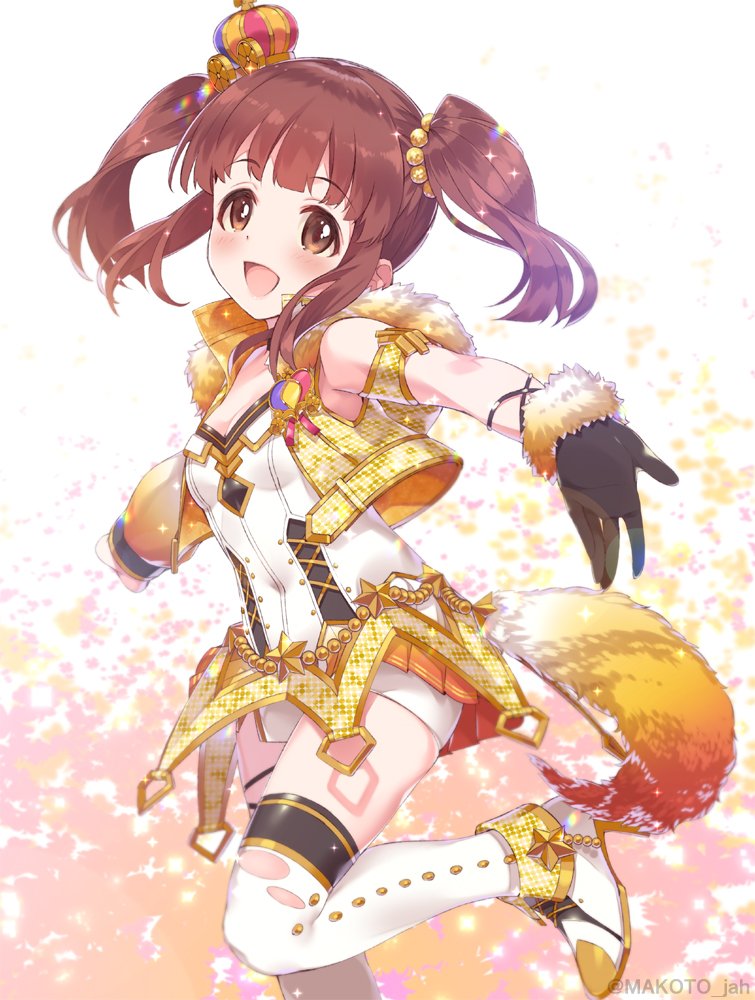 asymmetrical_sleeves blush boots breasts brown_eyes brown_hair cleavage commentary cropped_jacket crown detached_sleeves eyebrows_visible_through_hair fake_tail fox_tail fur_trim gloves hair_bobbles hair_ornament high_heel_boots high_heels idolmaster idolmaster_cinderella_girls idolmaster_cinderella_girls_starlight_stage knee_boots long_hair mini_crown mizuki_makoto ogata_chieri open_mouth party_time_gold short_shorts shorts single_glove small_breasts smile solo sparkle star tail twintails twitter_username