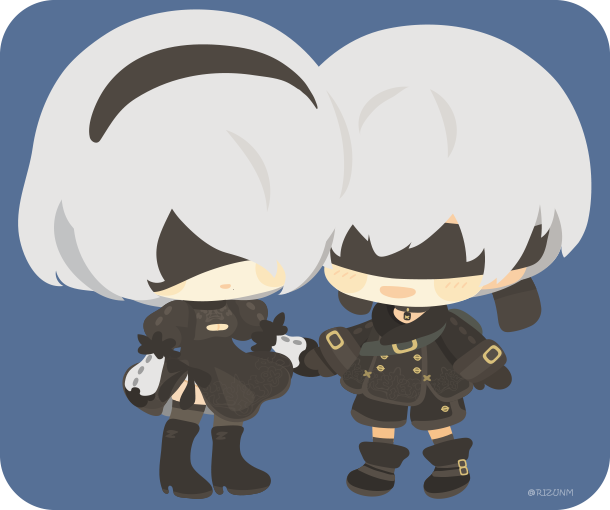 1girl :d belt black_blindfold black_dress black_gloves black_hairband blindfold blush boots chibi cleavage_cutout dress gloves grey_legwear hairband high_heel_boots high_heels holding_hands juliet_sleeves long_sleeves mole mole_under_mouth nier_(series) nier_automata open_mouth puffy_sleeves rizu_(rizunm) short_hair side_slit smile thigh_boots thighhighs twitter_username white_hair yorha_no._2_type_b yorha_no._9_type_s