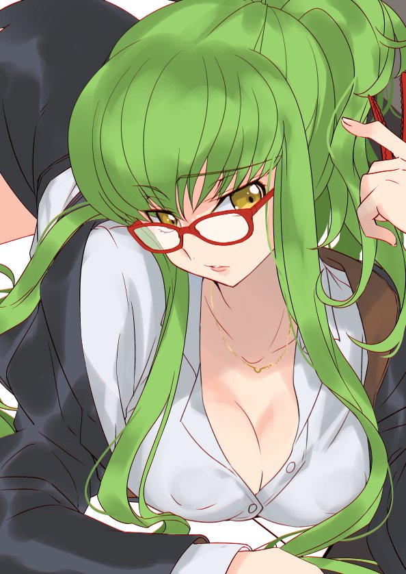 all_fours bangs bent_over black_skirt breasts business_suit c.c. cleavage code_geass collarbone collared_shirt commentary_request covered_nipples creayus dress_shirt eyebrows_visible_through_hair formal glasses green_hair hanging_breasts jacket jewelry large_breasts long_hair lying miniskirt necklace office_lady on_stomach pencil_skirt pursed_lips red-framed_eyewear shirt sidelocks skirt skirt_suit solo suit work_in_progress yellow_eyes