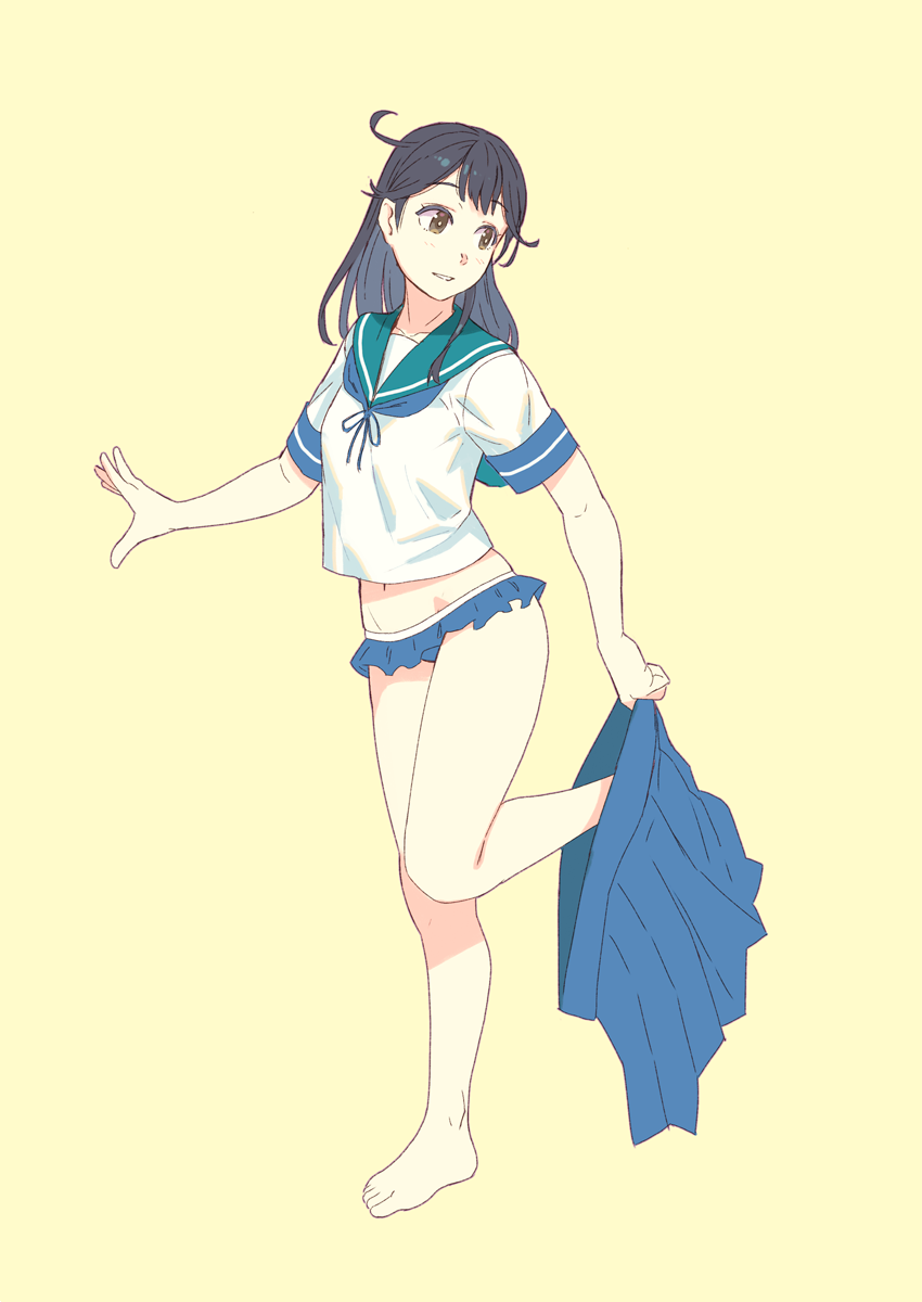 ahoge bad_id bad_twitter_id barefoot bikini bikini_bottom black_hair blue_bikini_bottom blue_sailor_collar blue_skirt brown_eyes collarbone frilled_bikini frilled_bikini_bottom frills full_body groin highres kantai_collection long_hair navel pleated_skirt sailor_collar sailor_shirt school_uniform serafuku shirt simple_background skirt skirt_removed solo swimsuit swimsuit_under_clothes undressing ushio_(kantai_collection) yellow_background yuuji_(and)