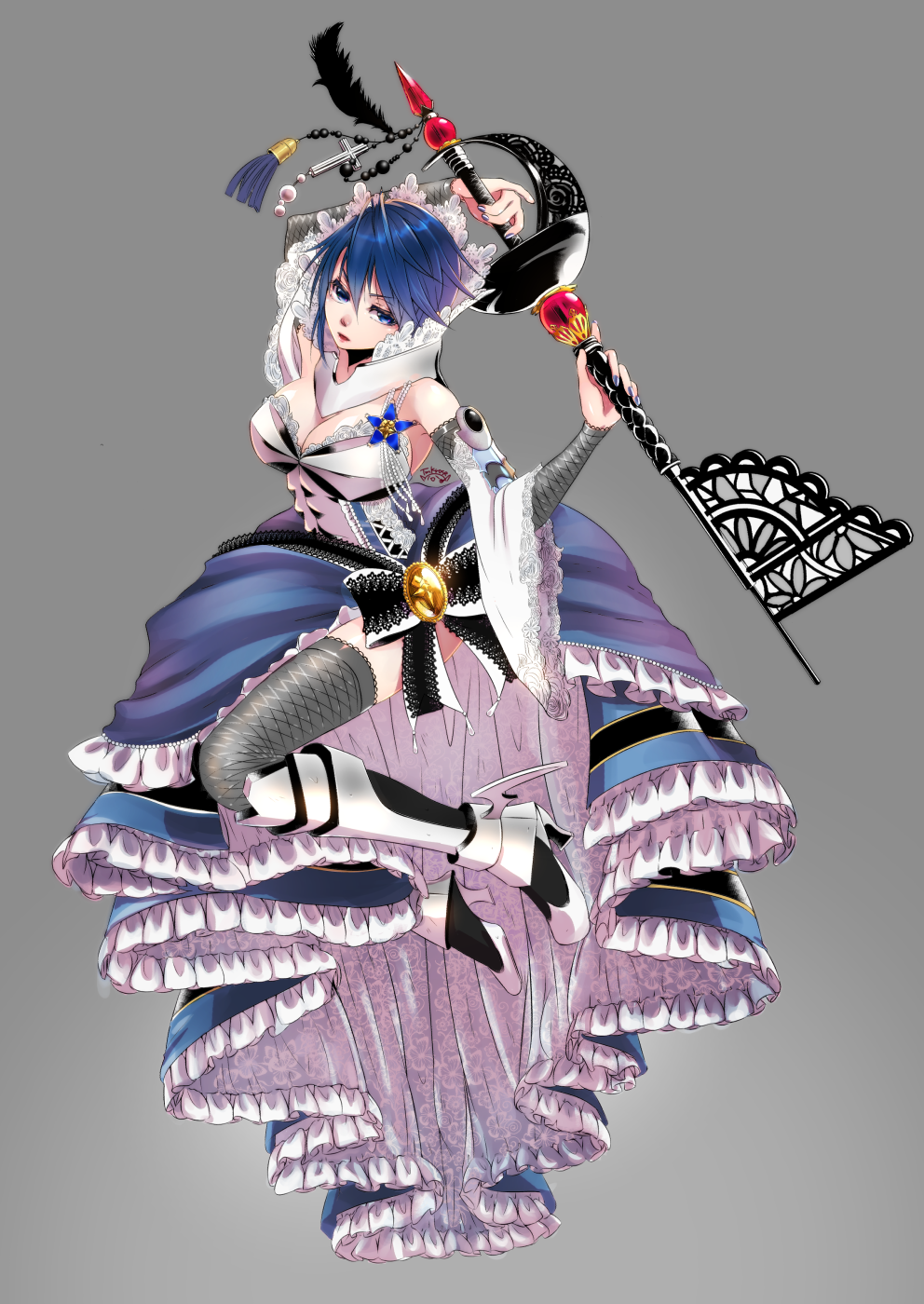 alternate_costume aqua_(kingdom_hearts) bangs bare_shoulders blue_eyes blue_hair blue_nails bow breasts cleavage cross detached_sleeves eyebrows_visible_through_hair feathers fingernails frills full_body grey_background grey_legwear hair_between_eyes high_heels highres holding holding_weapon keyblade kingdom_hearts kingdom_hearts_birth_by_sleep large_breasts long_sleeves nail_polish open_mouth short_hair solo tamaki_(tmk-poison) thighhighs v-shaped_eyebrows weapon wide_sleeves