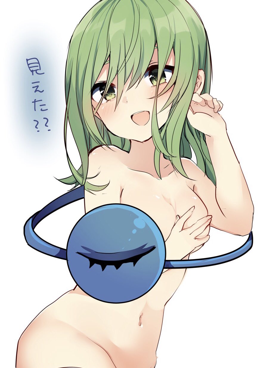 :d alternate_hair_length alternate_hairstyle blush breasts collarbone commentary_request convenient_censoring covering covering_breasts cowboy_shot green_eyes green_hair groin hair_between_eyes hair_down hand_up head_tilt highres karasusou_nano komeiji_koishi long_hair looking_at_viewer medium_breasts navel no_hat no_headwear nude open_mouth simple_background smile solo standing stomach third_eye touhou translated white_background