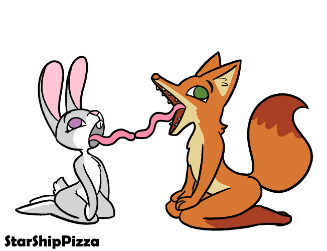 animated canine disney duo female fox french_kissing humor judy_hopps kissing kneeling lagomorph male mammal nick_wilde open_mouth rabbit simple_background starshippizza tongue tongue_out what white_background zootopia