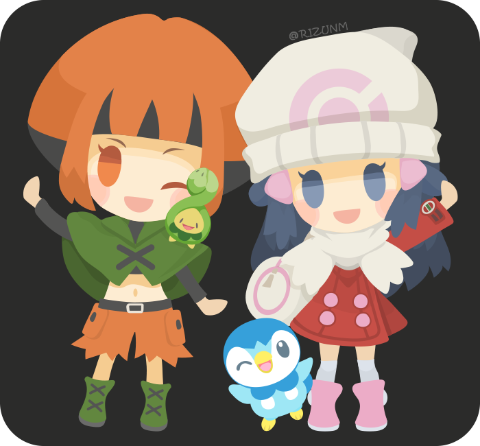 :d arm_up bag belt belt_buckle black_belt blue_eyes blue_hair buckle budew capelet capri_pants chibi coat duffel_bag gen_4_pokemon green_capelet gym_leader hair_ornament hat hikari_(pokemon) kneehighs long_hair long_sleeves looking_at_viewer multiple_girls natane_(pokemon) navel open_mouth orange_eyes orange_hair orange_pants pants pink_footwear piplup pokemon pokemon_(creature) pokemon_(game) pokemon_dppt pokemon_platinum red_coat rizu_(rizunm) scarf short_hair smile standing twitter_username white_hat white_legwear white_scarf