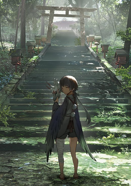 bandaged_leg bandages black_hair commentary_request dappled_sunlight day feather-trimmed_sleeves forest from_behind grass long_hair low_ponytail mask mask_removed mogumo nature oni_mask original outdoors red_eyes sandals shrine solo stairs sunlight torii tree