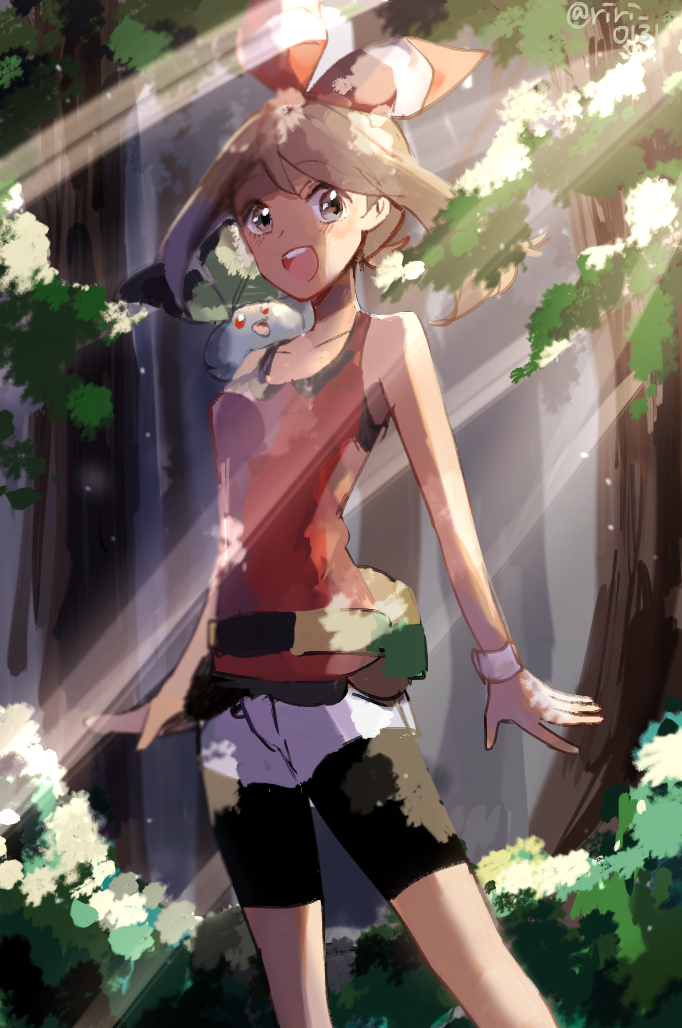 1girl artist_name bangs bare_shoulders bike_shorts blush breasts brown_hair bush collarbone female forest gen_1_pokemon grey_eyes hair_ornament haruka_(pokemon) haruka_(pokemon_oras) oddish open_mouth outdoors pokemon pokemon_(creature) pokemon_(game) pokemon_oras red_shirt ririmon shirt short_shorts shorts sleeveless sleeveless_shirt small_breasts smile solo_focus standing sunbeam sunlight teeth tree twitter_username white_shorts wristband