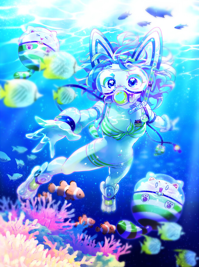 &gt;_&lt; 1girl :3 air_bubble animal_ears armlet bad_id bad_pixiv_id bemani bikini bikini_shorts blue_eyes blue_hair bubble commentary coral coral_reef detached_sleeves diving diving_helmet diving_mask diving_mask_on_eyes diving_regulator english_commentary fake_animal_ears fish front-tie_bikini front-tie_top gloves goggles green_bikini hairband helmet mike_(nasimomoringo) navel open_mouth paw_shoes reaching_out scuba shoes shorts snorkel solo sound_voltex striped striped_bikini sunlight swimsuit symbol_commentary tama-chan_(sound_voltex) tamaneko_(sound_voltex) underwater white_bikini