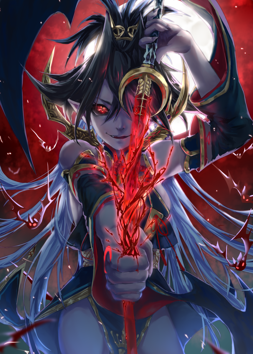bat black_hair black_sclera blood blue_hair bodysuit coffinkun fangs force_of_will highres long_hair moon multicolored_hair open_mouth pointy_ears red_eyes reiya_(force_of_will) solo sword two-tone_hair vampire weapon