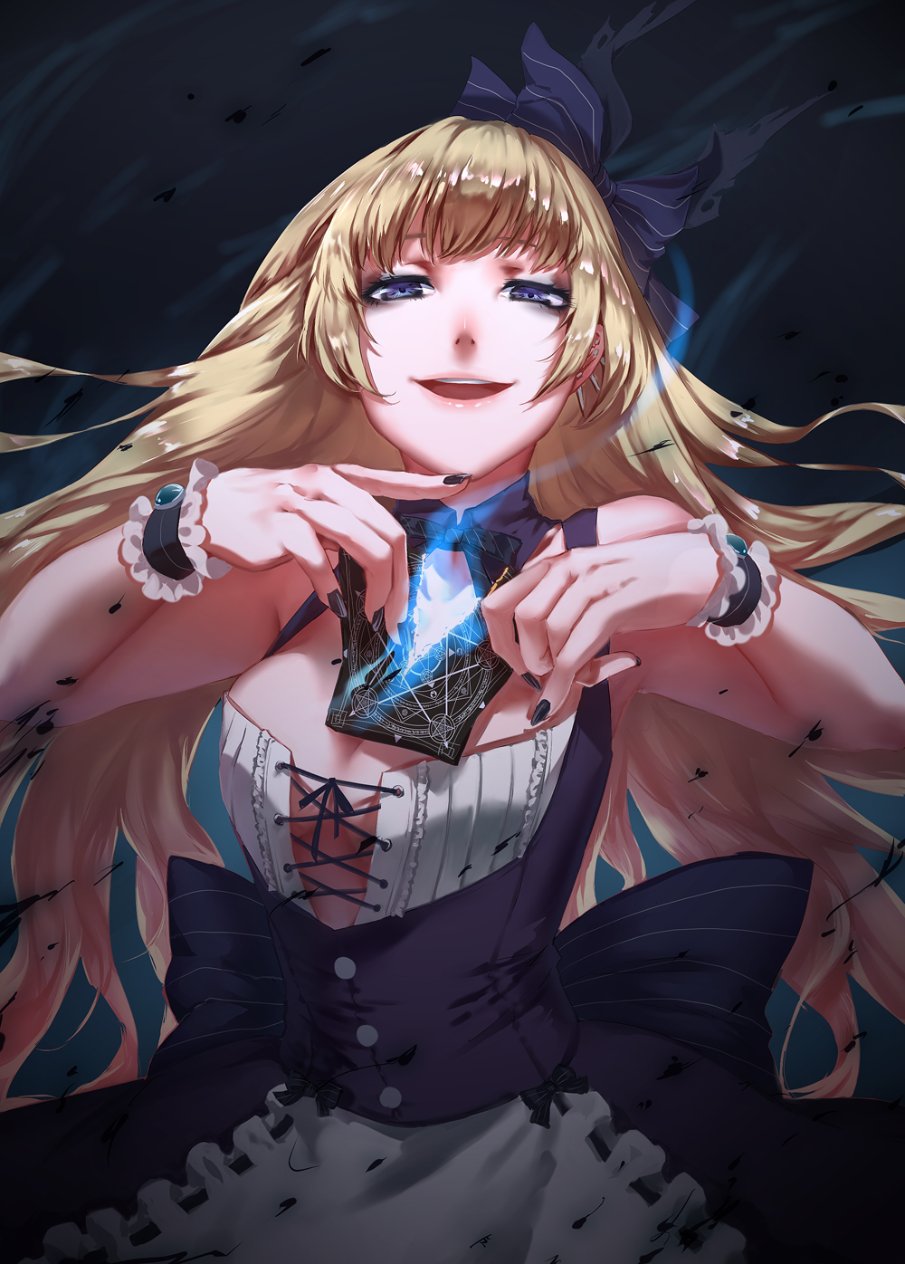 apron blonde_hair bow bowtie bracelet breasts card center_opening cleavage coffinkun dark_alice_(force_of_will) earrings force_of_will highres jewelry long_hair nail_polish open_mouth purple_eyes solo teeth