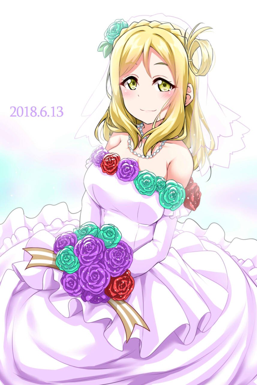 aqua_rose bare_shoulders blonde_hair blush bouquet braid bridal_veil commentary_request crown_braid dated detached_sleeves dress flower hair_flower hair_ornament hair_rings highres holding holding_bouquet jewelry long_sleeves looking_at_viewer love_live! love_live!_sunshine!! medium_hair necklace ohara_mari purple_flower purple_rose red_flower red_rose rose smile solo strapless strapless_dress veil wedding_dress white_background yellow_eyes yopparai_oni
